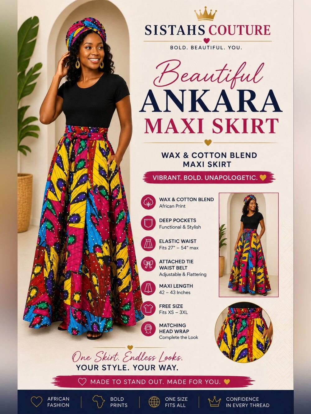 Ankara African Print Maxi Skirt | Vibrant Wax Print | Free Size | Pockets